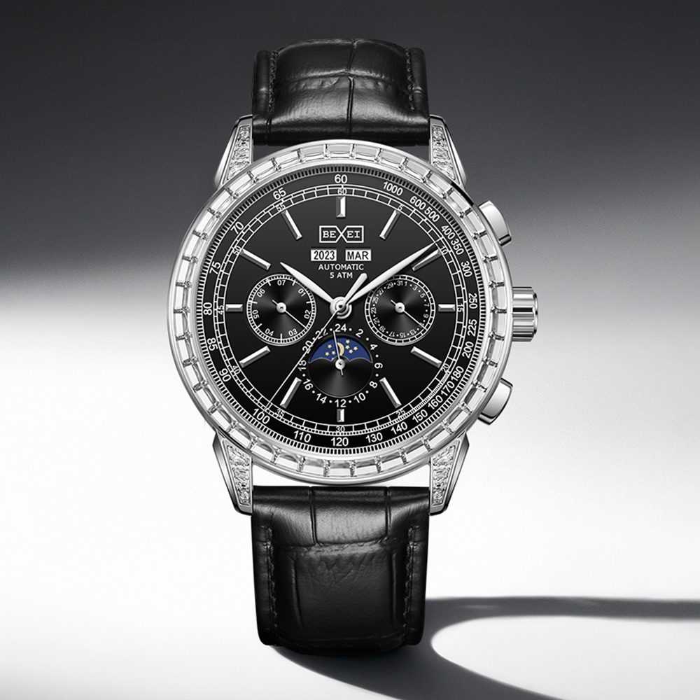 【BEXEI 貝克斯】9159 三針三眼 皓鑽鑲嵌 星期年月 型男時尚 奇幻 皮革錶帶 自動機械錶 手錶