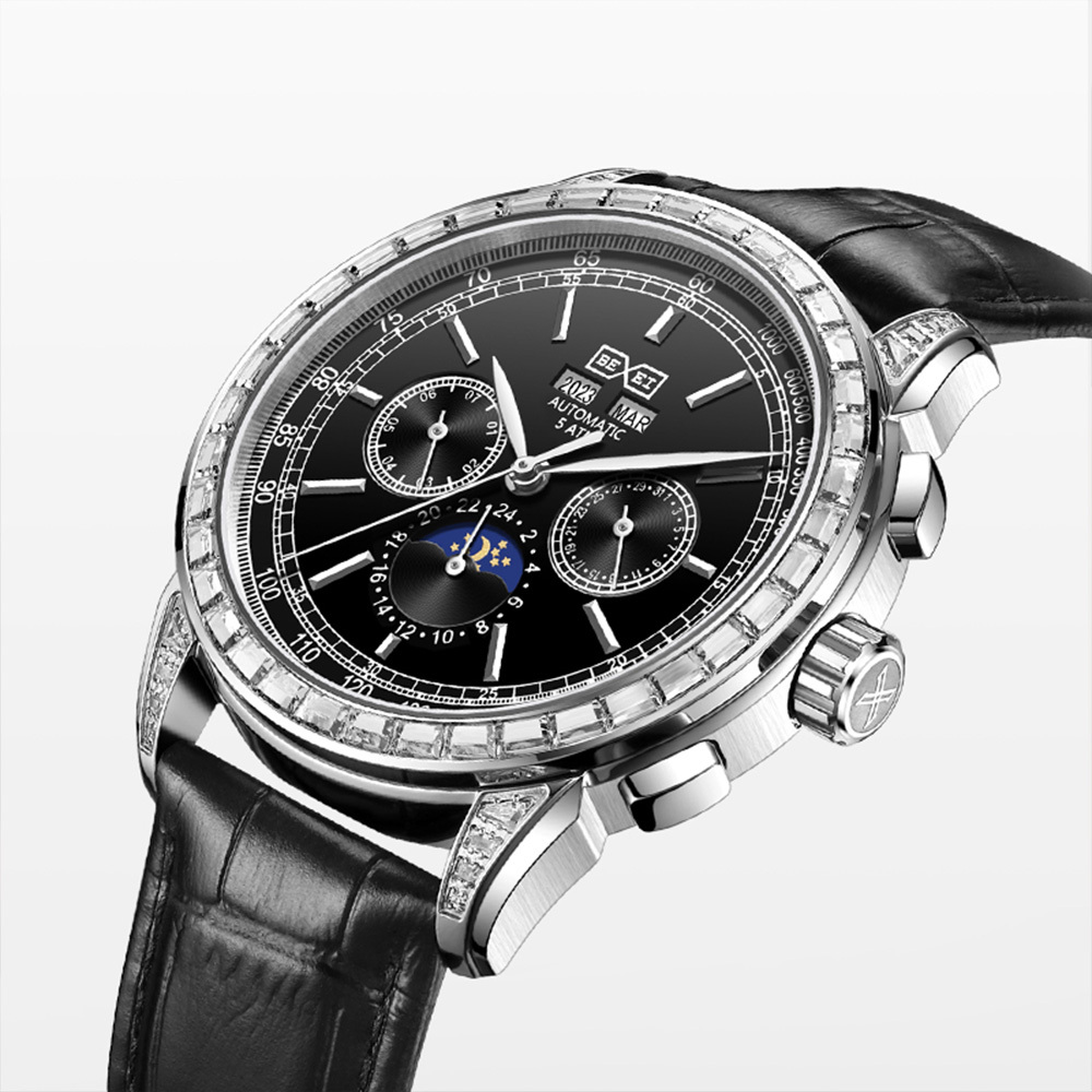 【BEXEI 貝克斯】9159 三針三眼 皓鑽鑲嵌 星期年月 型男時尚 奇幻 皮革錶帶 自動機械錶 手錶