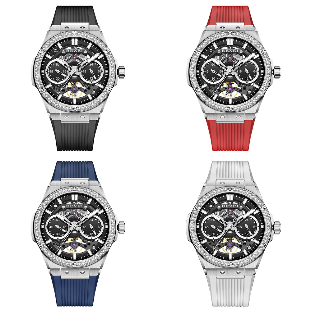 (預購)【BEXEI 貝克斯】9129 開拓者系列 男士鑲鑽 鏤空夜光 時間指示 星型 橡膠錶帶 全自動機械錶 手錶