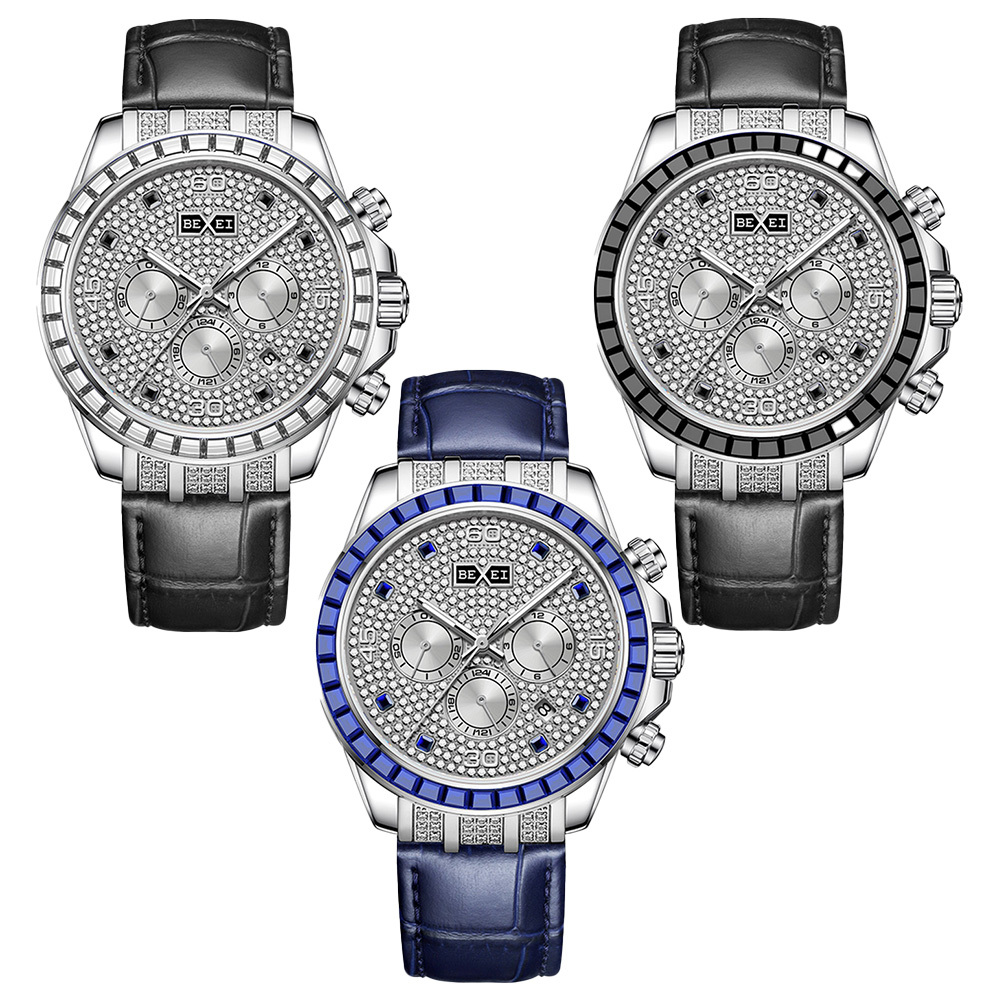 (預購)【BEXEI 貝克斯】9156 三針三眼 高調奢華 卓越方鑽鑲嵌 日期星期 閃亮 皮革錶帶 自動機械錶 手錶