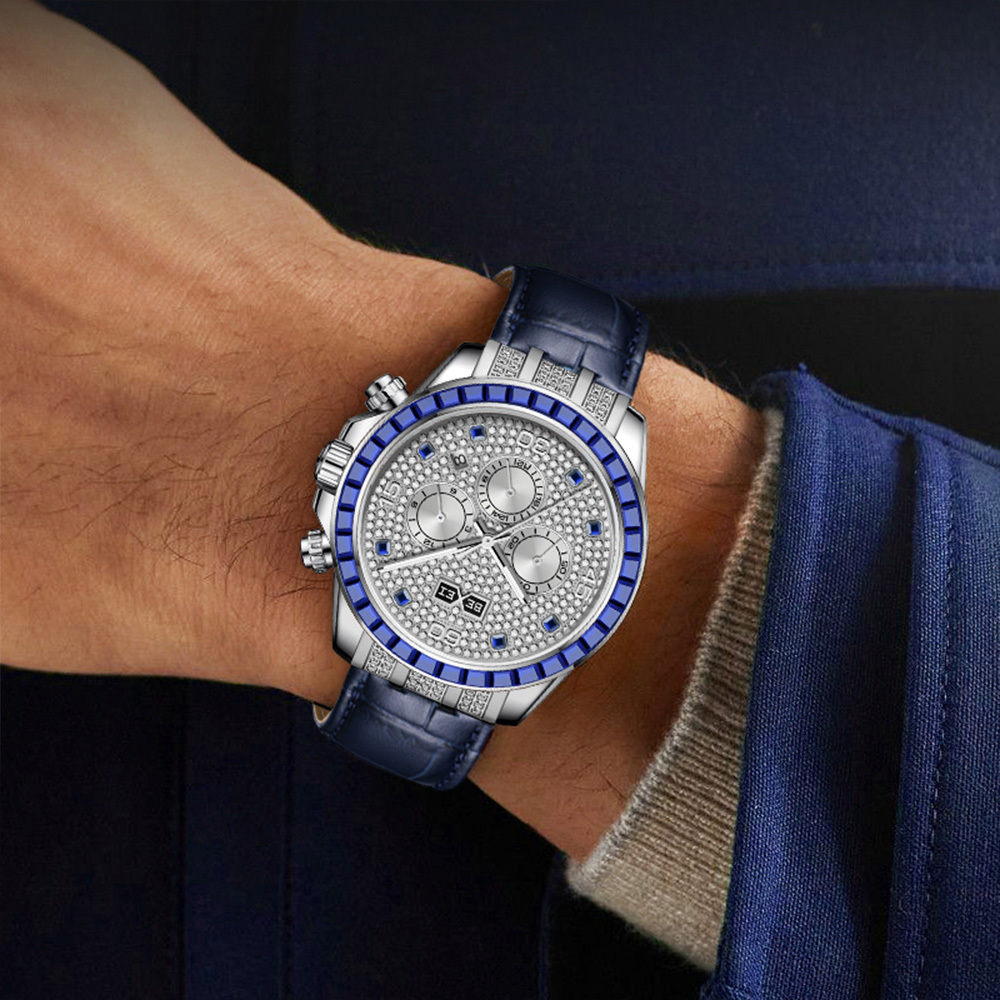 【BEXEI 貝克斯】9156 三針三眼 高調奢華 卓越方鑽鑲嵌 日期星期 閃亮 皮革錶帶 自動機械錶 手錶