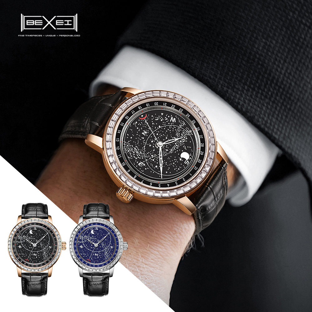 (預購)【BEXEI 貝克斯】9160 銀河探險系列 男士 夜光透視底 多功能 月相潮汐 星空錶 自動機械錶 手錶