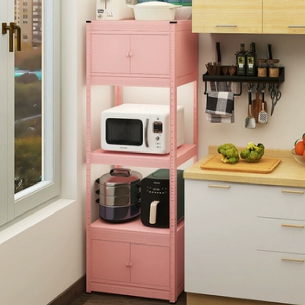 New iron color kitchen cabinet bookshelf shoe cabinet bathroom storage cabinet shelf [60*30*171cm] five-layer pink with two-layer cabinet