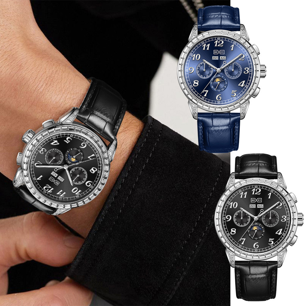 (預購)【BEXEI 貝克斯】9190 傳承系列 T鑽 熊貓款 動力儲存 三針三眼 日月星辰 皮革錶帶 全自動機械錶 手錶