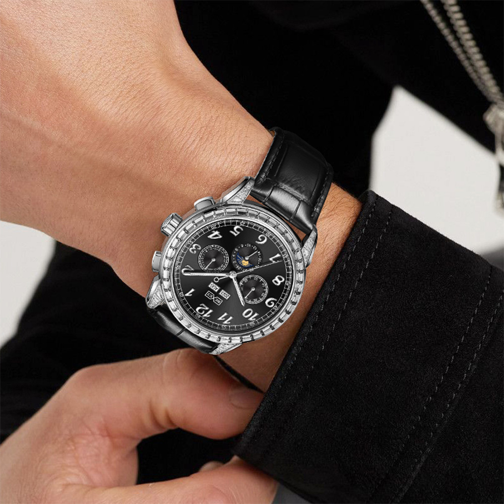 (預購)【BEXEI 貝克斯】9190 傳承系列 T鑽 熊貓款 動力儲存 三針三眼 日月星辰 皮革錶帶 全自動機械錶 手錶