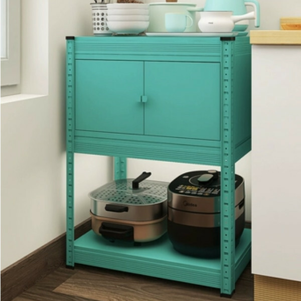 New iron color kitchen cabinet bookshelf shoe cabinet bathroom storage cabinet shelf [60*30*80cm] three layers, blue with one layer of cabinets