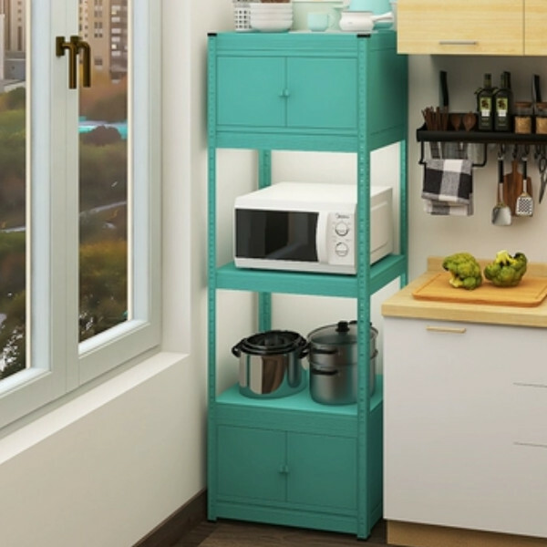 New iron color kitchen cabinet bookshelf shoe cabinet bathroom storage cabinet shelf [60*30*171cm] five layers, blue with two layers of cabinets