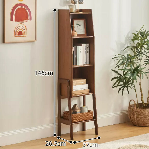 Popular bamboo solid wood furniture, bedside table, multi-layer bookshelf, sofa side table, door side cabinet [walnut color] large size 37x26.5x146cm