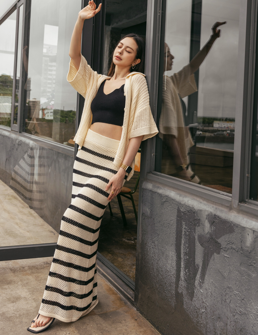 條紋簍空針織長裙（6尺寸）