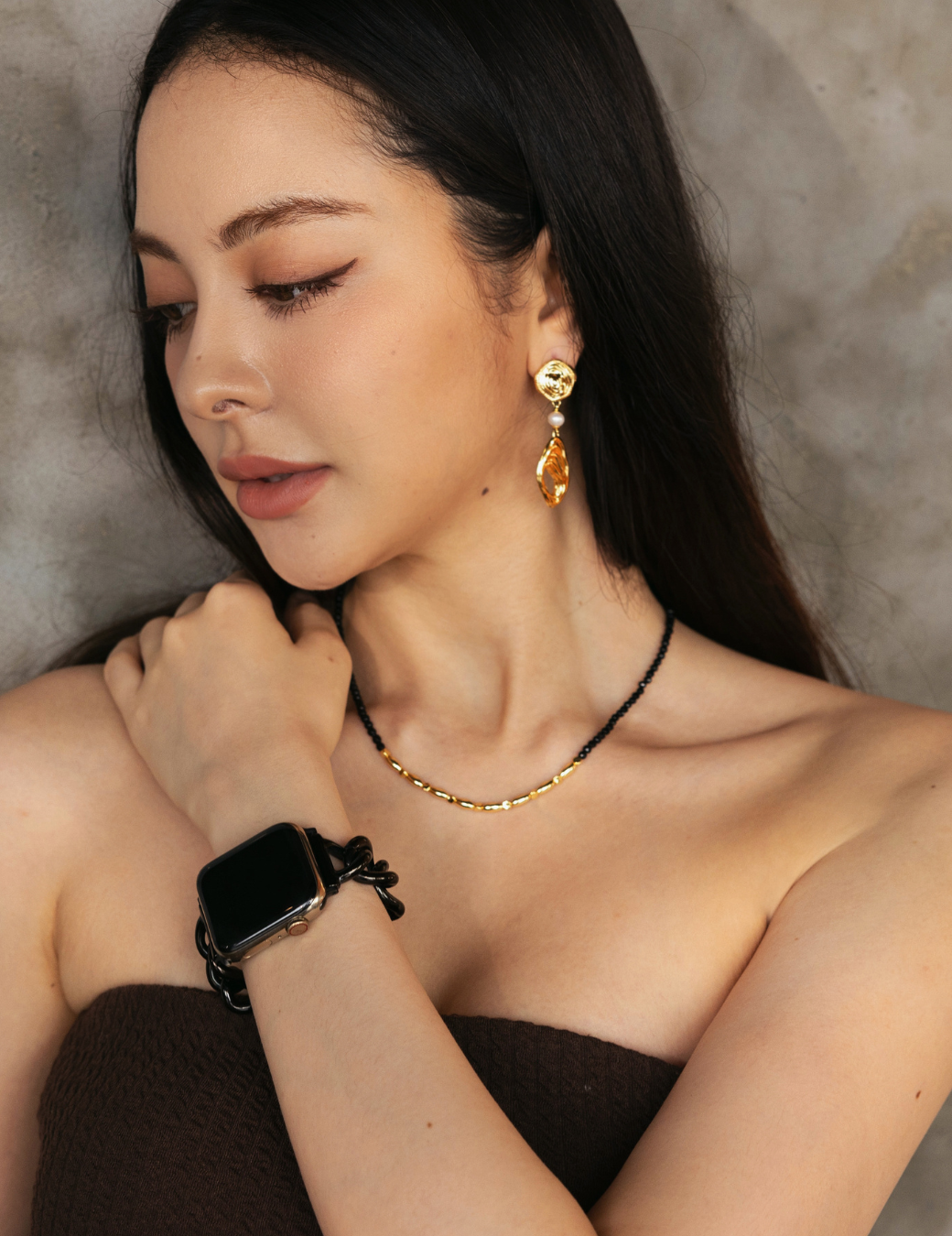 黑瑪瑙金米珠項鍊（金色）