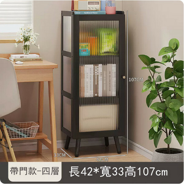 Popular bamboo solid wood furniture, bookcase storage cabinet, room storage cabinet, bedside table, corner bookshelf (acrylic transparent board) [Black 4 layers + door]