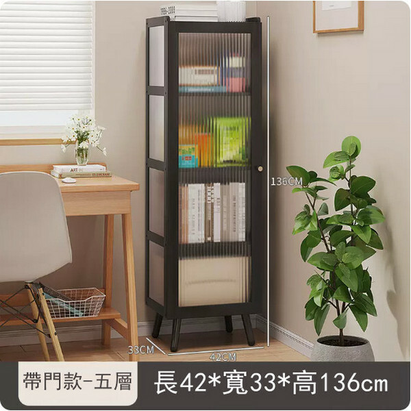Popular bamboo solid wood furniture, bookcase storage cabinet, room storage cabinet, bedside table, corner bookshelf (acrylic transparent board) [Black 5 layers + door]