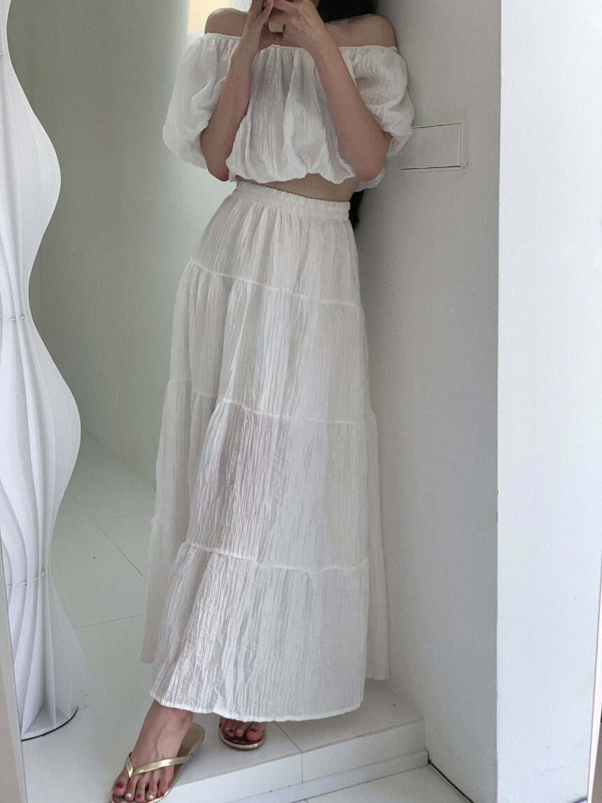 韓國女裝高貨 壓褶一字領上衣+高腰裙(2件組)(黑/白)