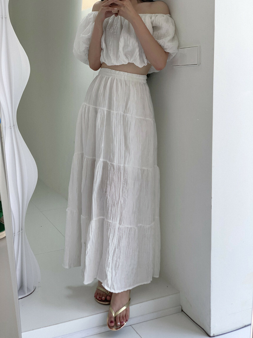 韓國女裝高貨 壓褶一字領上衣+高腰裙(2件組)(黑/白)