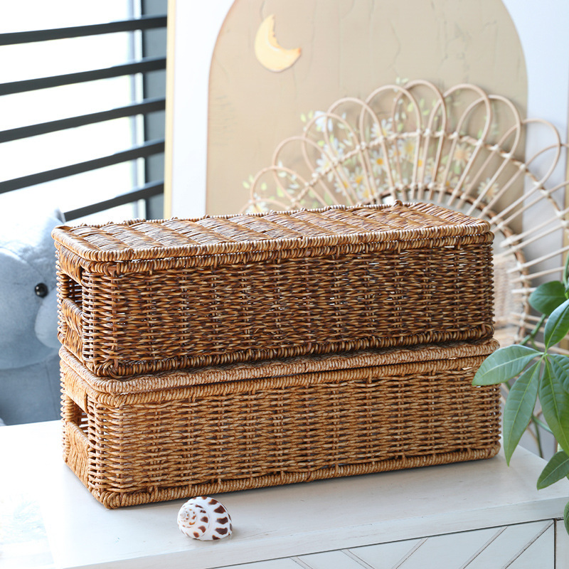 《4289》歐式桌面長方加蓋藤編收納盒