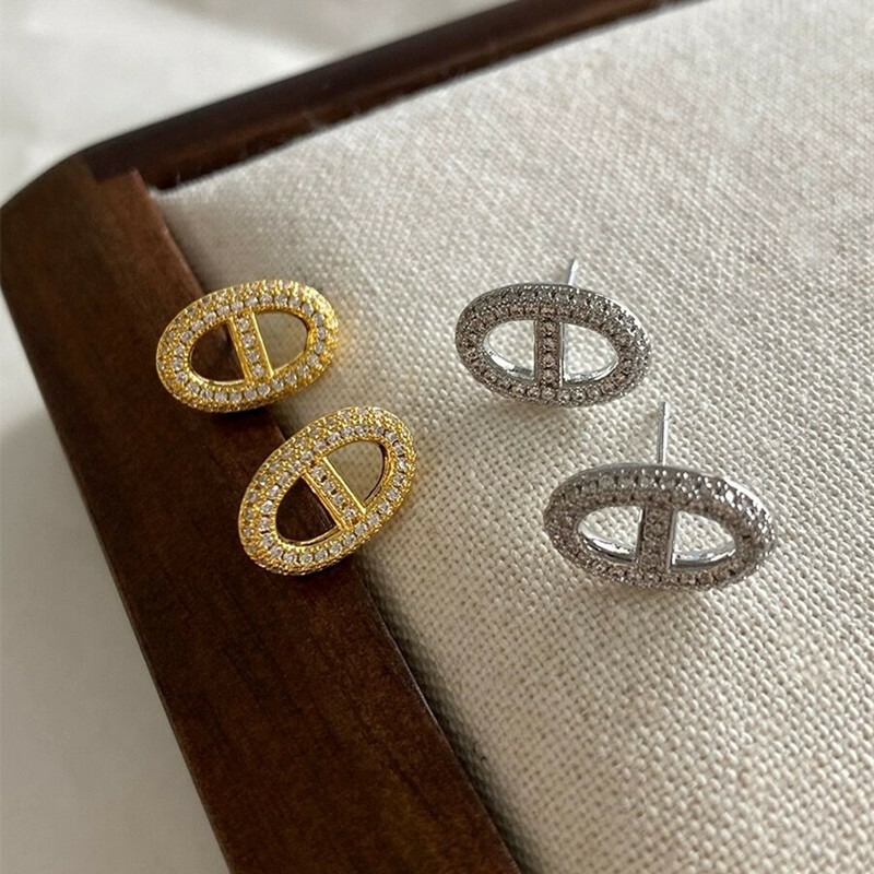 低調奢華 鋯石豬鼻子耳針(925銀針)(金/銀)