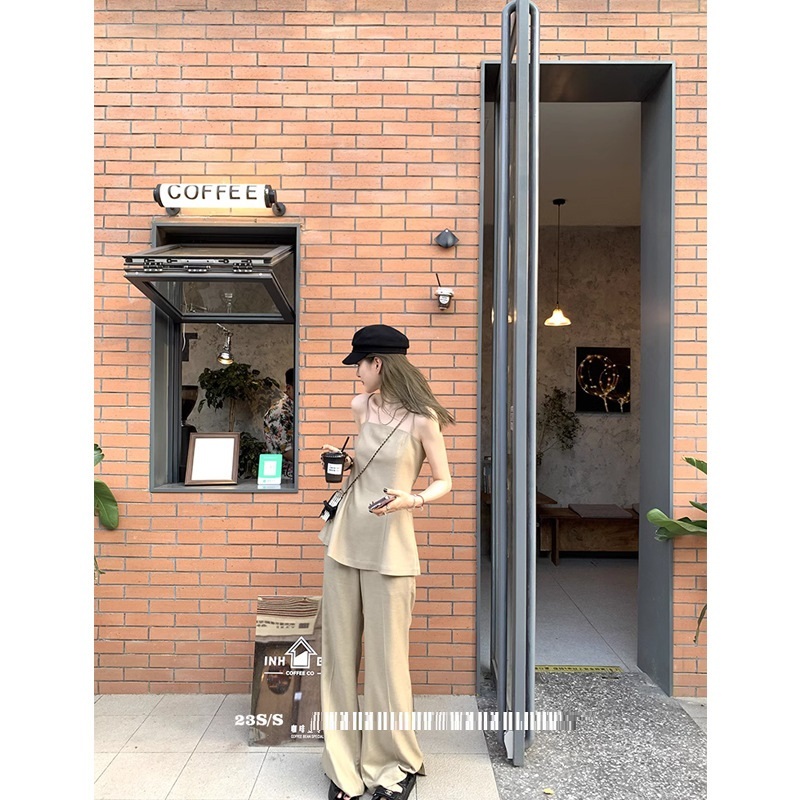 簡約休閒 細肩帶上衣+高腰寬褲(2件組)(黑/奶茶)