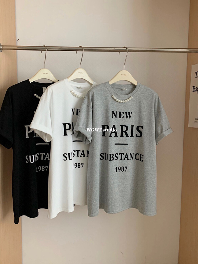 領口珍珠點綴英文字母上衣-三色