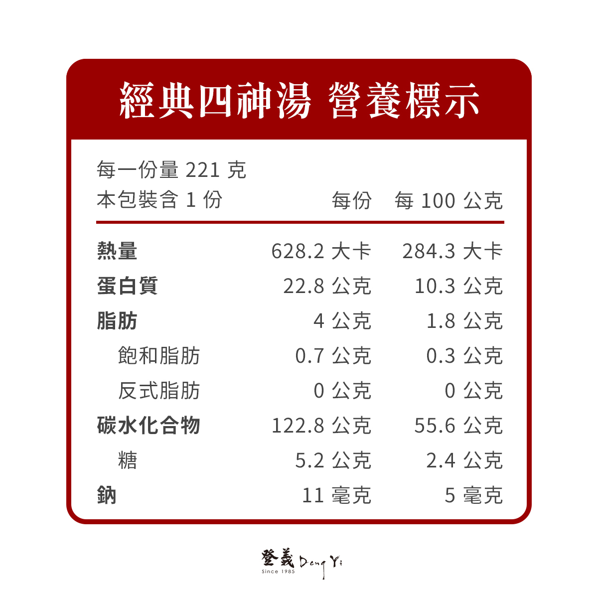 經典四神湯營養標示