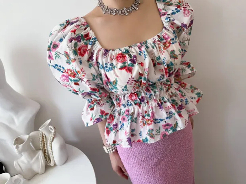 法式復古方領碎花收腰上衣(白/藍)