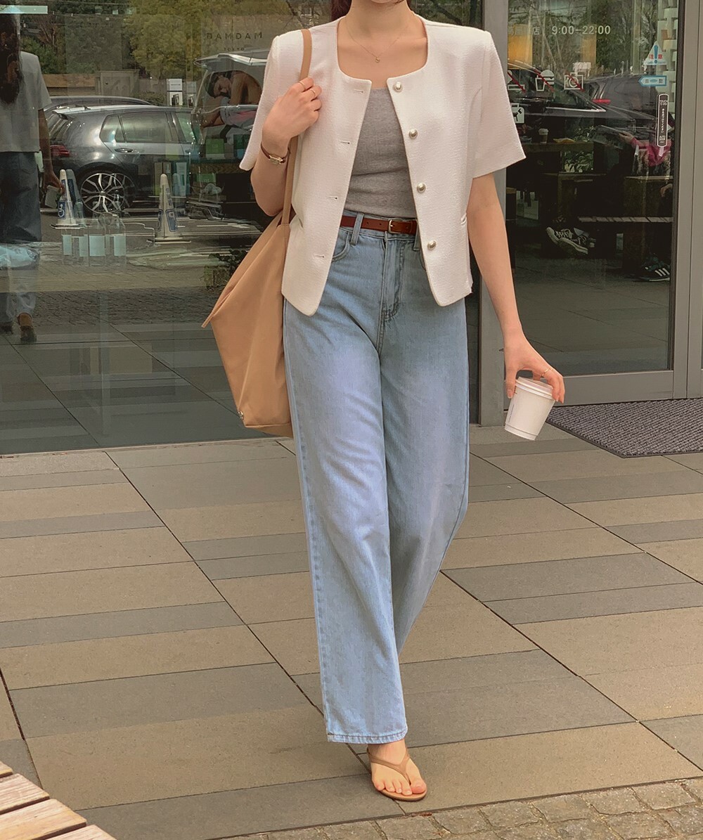 韓國grace muse授權 清爽修身100%純棉半寬版牛仔褲