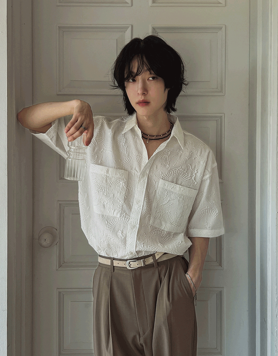 壓花輕便短袖襯衫