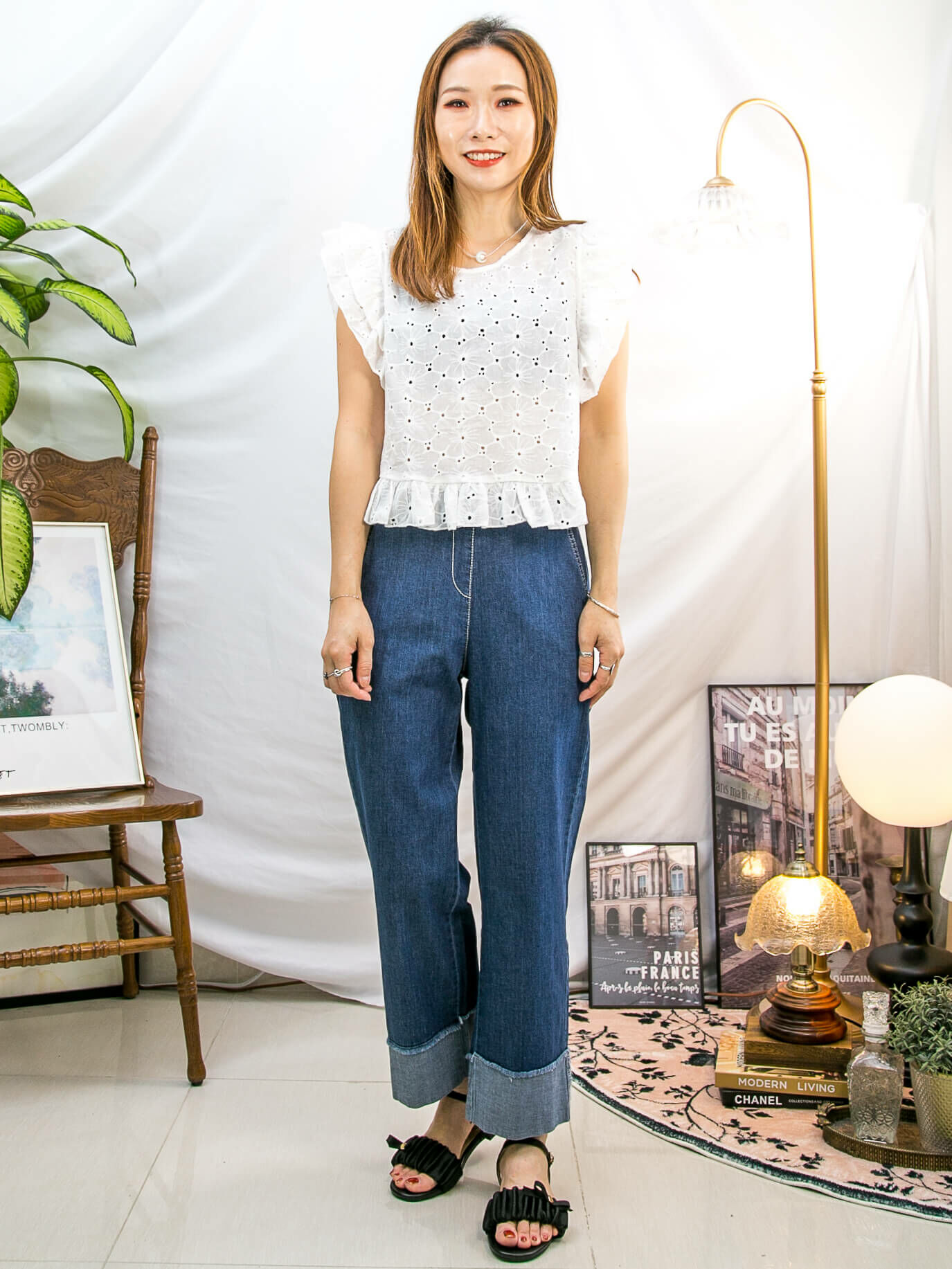 後領拉鏈 ‧ 通花刺繡麻棉料TOP【2411-1215】