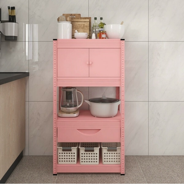 New iron color kitchen cabinet bookshelf shoe cabinet bathroom storage cabinet shelf [60x40x114cm] pink 4-layer storage cabinet