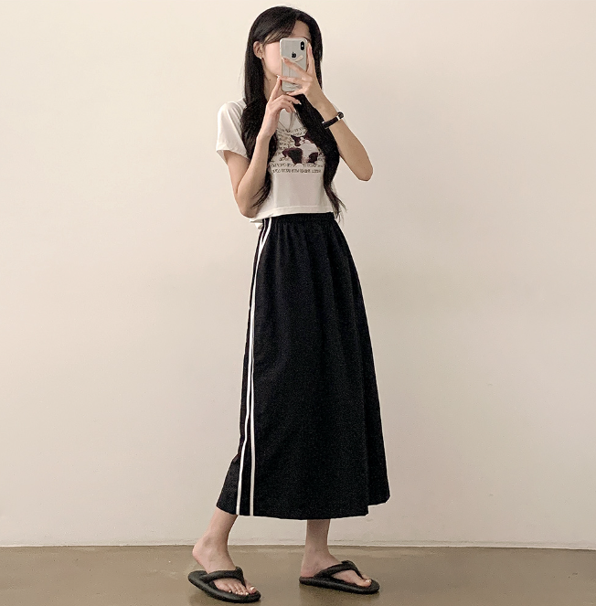 夏季預訂｜尼龍兩線拼色H型後開衩長裙