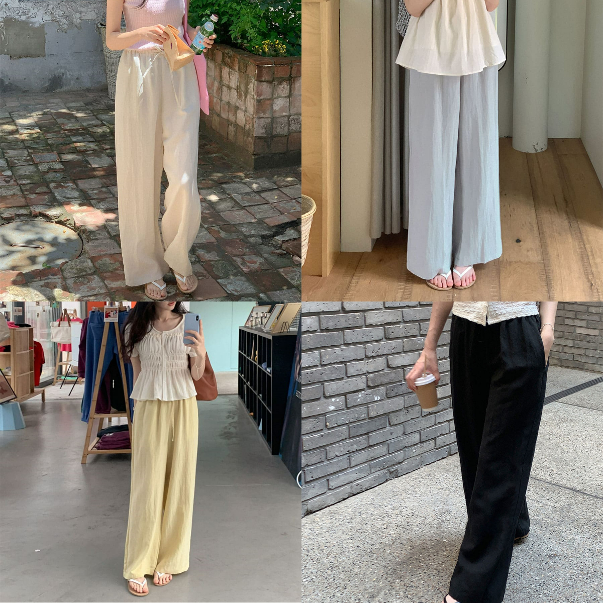 韓國Cherrykoko授權 天絲亞麻涼感四色鬆緊抽繩長褲