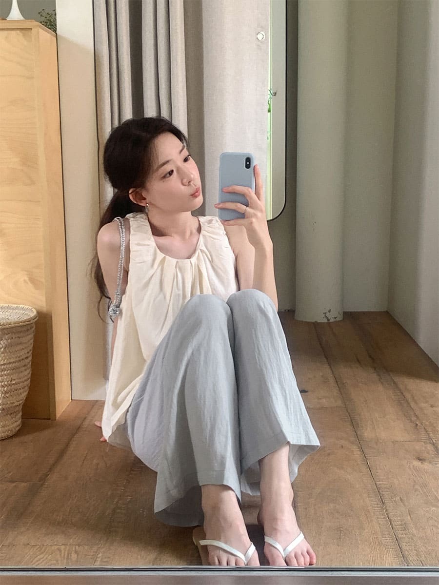 韓國Cherrykoko授權 天絲亞麻涼感四色鬆緊抽繩長褲