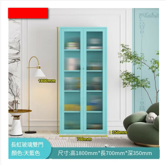 熱推簡約鐵藝書櫃 客廳置物櫃 收納櫃 展示櫃 儲物落地櫃【天藍色/落地對開門/1800*700*350】