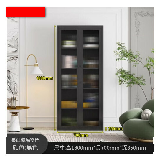 熱推簡約鐵藝書櫃 客廳置物櫃 收納櫃 展示櫃 儲物落地櫃【黑色/落地對開門/1800*700*350】
