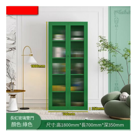 熱推簡約鐵藝書櫃 客廳置物櫃 收納櫃 展示櫃 儲物落地櫃【綠色/落地對開門/1800*700*350】