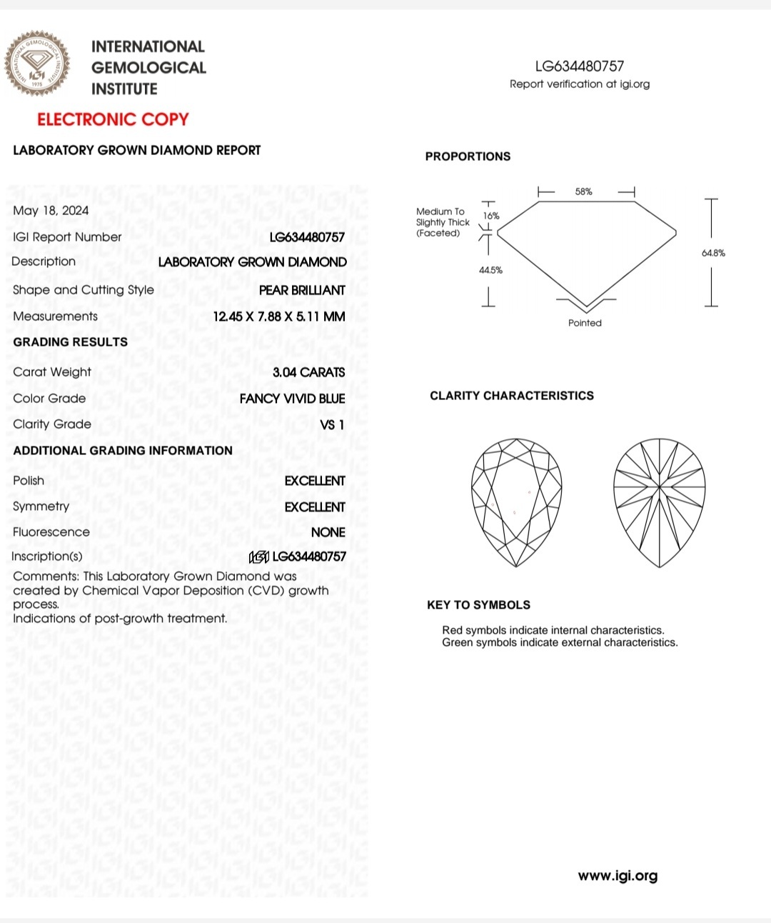 IGI 培育藍色梨形鑽石 3.04 F.V.B VS1 EX EX N