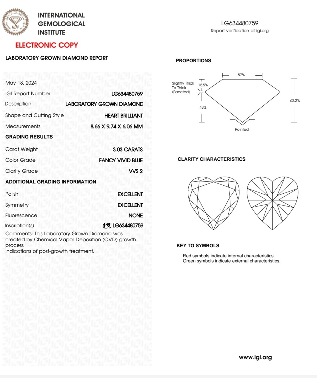 IGI 培育藍色心形鑽石 3.03 F.V.B VVS2 EX EX N