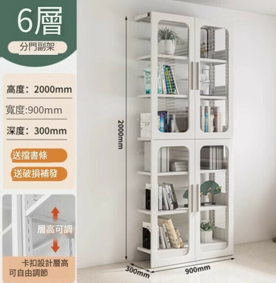 新款多功能鋼木書架/書櫃 防塵置物架 儲物櫃【2米高白色門側板果綠色6層副架/2000*900*300】