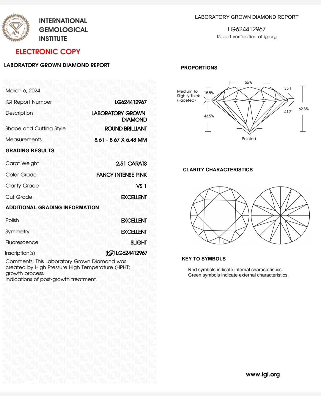 IGI 培育粉紅圓形鑽石 2.51 F.I.P VS1 3EX SLIGHT