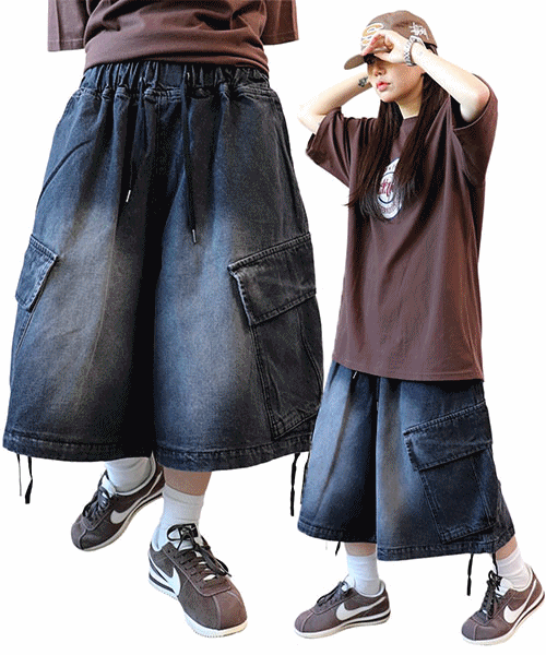 斜線工裝褲底束帶牛仔短褲