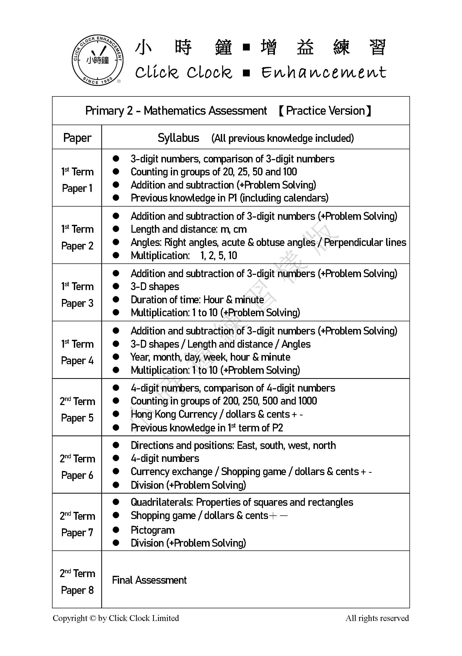 (PM E12)  P2 小學數學 模擬評估 (備戰版) - 英文版本