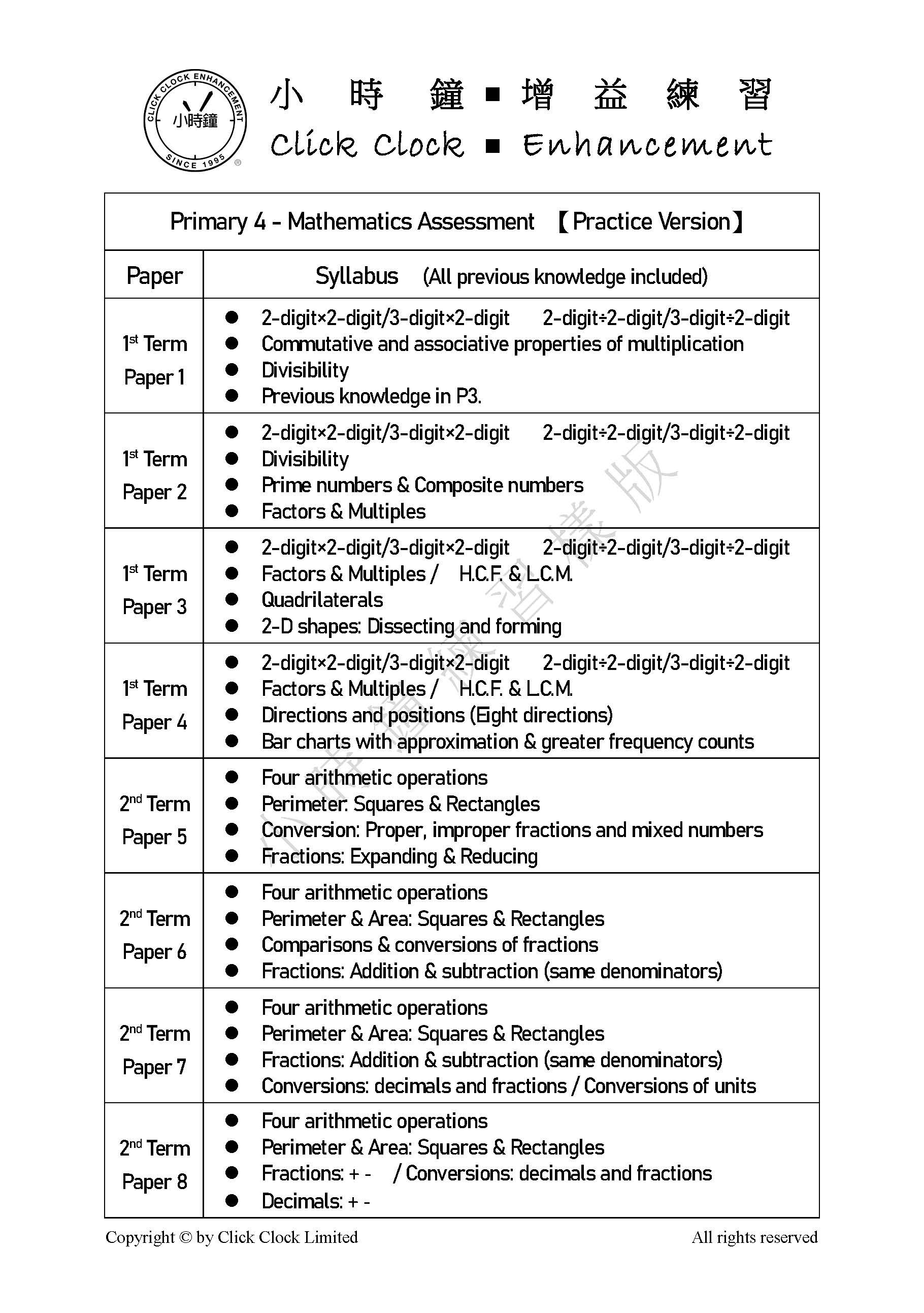 (PM E12)  P4 小學數學 模擬評估 (備戰版) - 英文版本