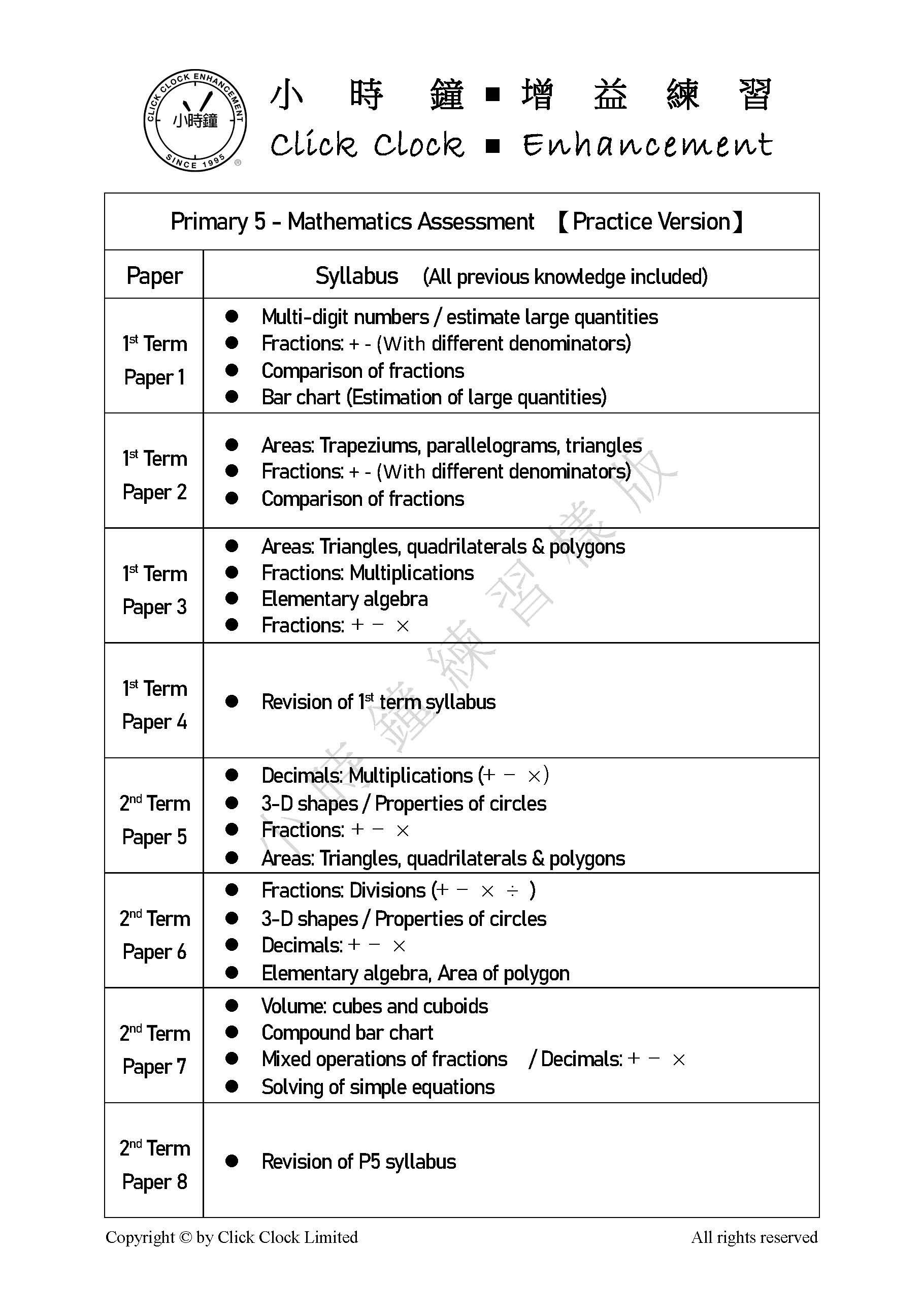 (PM E12)  P5 小學數學 模擬評估 (備戰版) - 英文版本