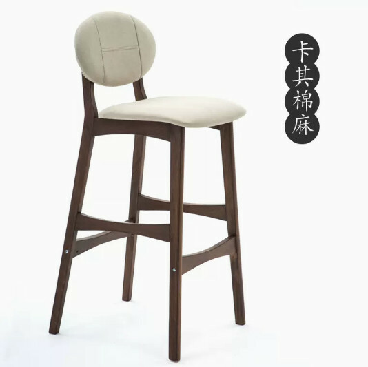 熱推實木傢具 吧凳 餐椅 前台椅【實木腳款+棉麻面】75cm坐高 深木色架+卡其色棉麻