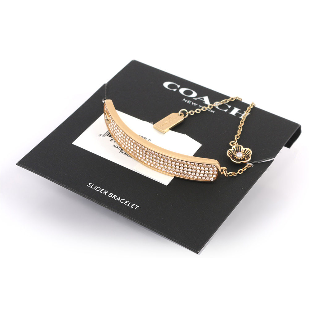 【COACH】Pave 水鑽鑲飾長方形及花卉吊墜可調手鍊(金色) C9338 GLD