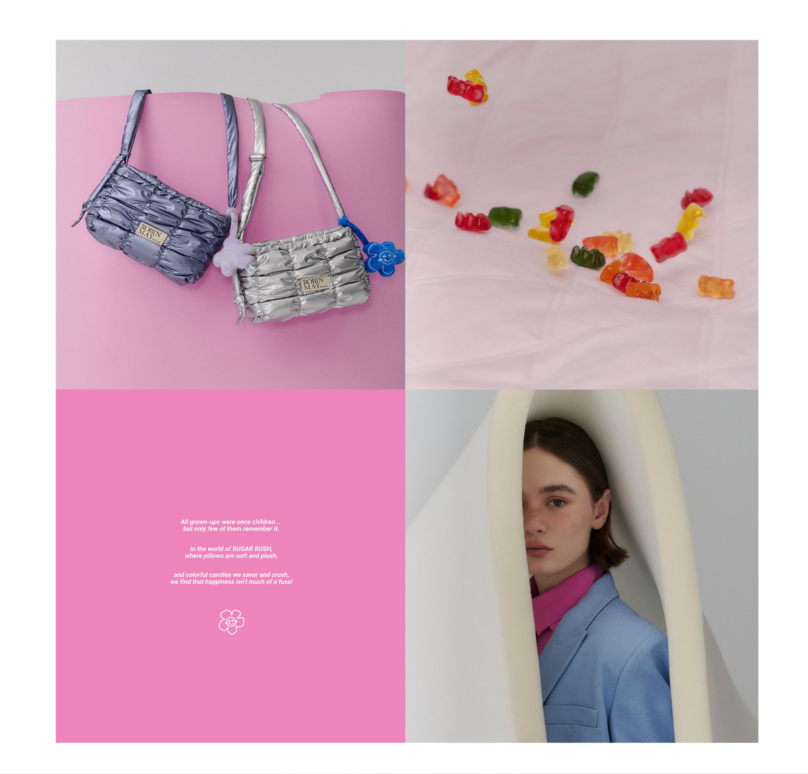 多種澎軟的元素圖片集結，有Meego 雲朵包、小熊軟糖，與澎鬆的軟墊。