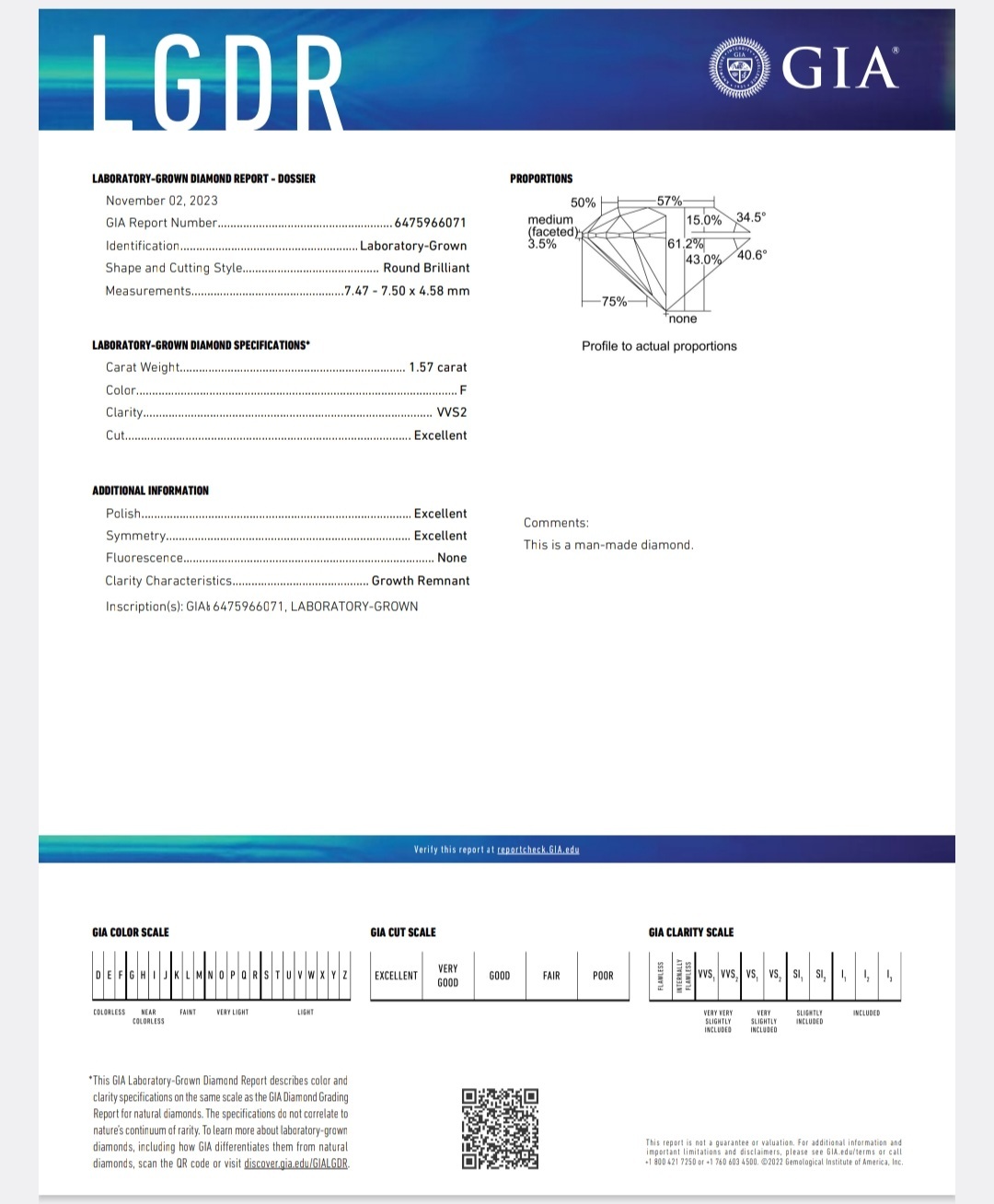 GIA LAB GROWN DIAMOND 1.57 F VVS2 3EX NON