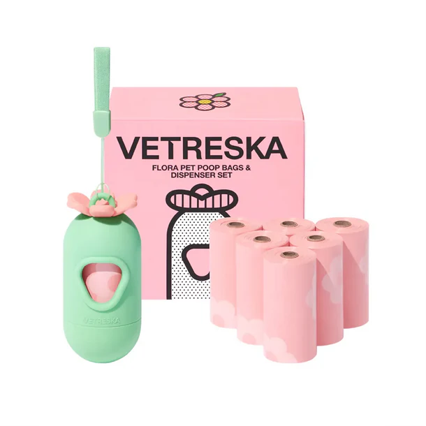 Vetreska - Flora Pet Poop Bags Dispenser Set - Pink (Dispenser + 7 Rolls)