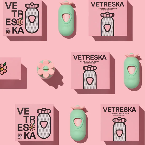 Vetreska - Flora Pet Poop Bags Dispenser Set - Pink (Dispenser + 7 Rolls)