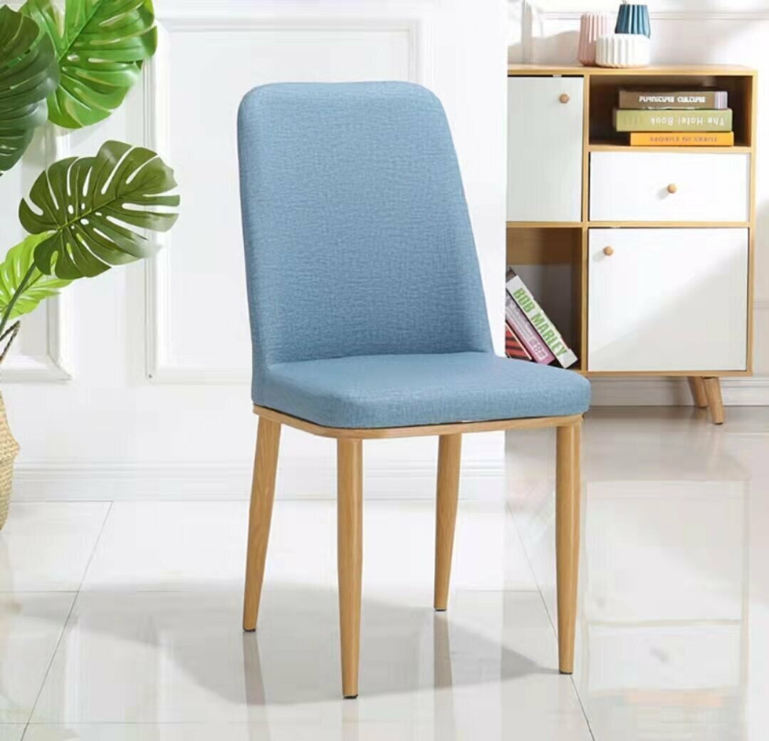 Modern minimalist Nordic dining chair (blue fabric cushion) (wrought iron wood leg)