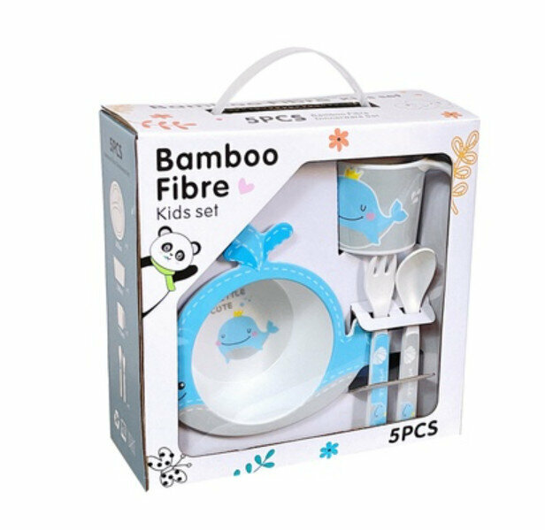 Bamboo fiber cartoon whale tableware children's rice bowl baby grid dinner plate dishes and dishes 5 pieces set